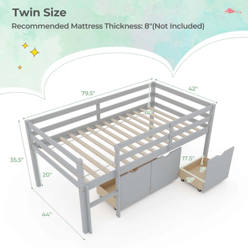 Costway Twin Size Low Loft Bed with 3 Drawers Ladder & Full-length Guardrails Storage