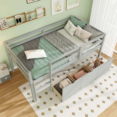 Costway Twin Size Low Loft Bed with 3 Drawers Ladder & Full-length Guardrails Storage