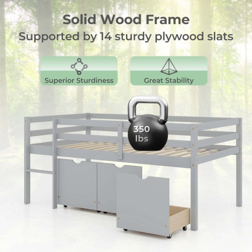 Costway Twin Size Low Loft Bed with 3 Drawers Ladder & Full-length Guardrails Storage