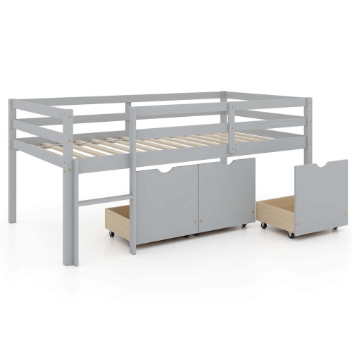 Costway Twin Size Low Loft Bed with 3 Drawers Ladder & Full-length Guardrails Storage