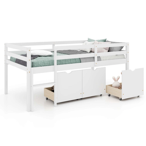 COSTWAY  Twin Size Low Loft Bed With 3 Drawers Ladder & Full-Length Guardrails Storage