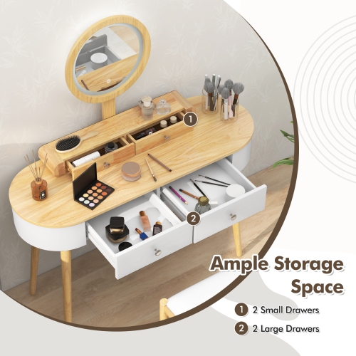 Costway Solid Wood Makeup Vanity Desk Set with LED Lighted Mirror Drawers Cushioned Stool