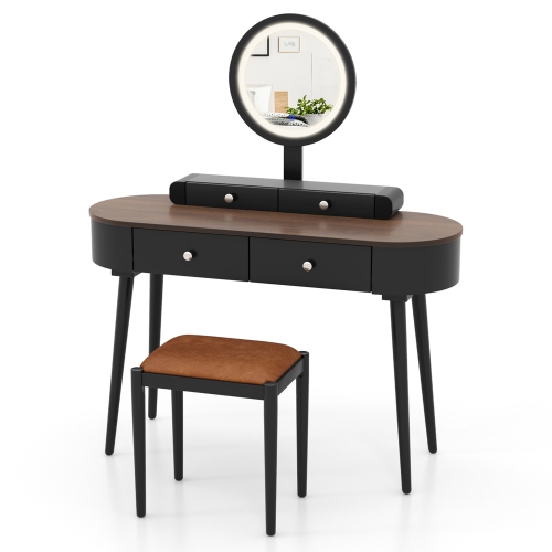 Costway Solid Wood Makeup Vanity Desk Set with LED Lighted Mirror Drawers Cushioned Stool
