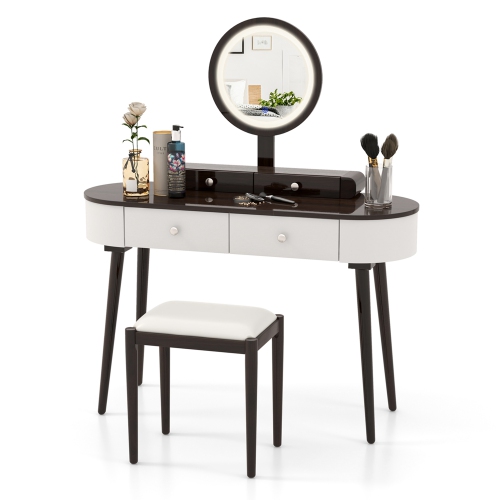 Costway Solid Wood Makeup Vanity Desk Set with LED Lighted Mirror Drawers Cushioned Stool