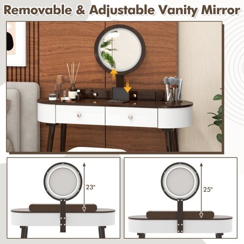 Costway Solid Wood Makeup Vanity Desk Set with LED Lighted Mirror Drawers Cushioned Stool