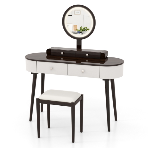 Costway Solid Wood Makeup Vanity Desk Set with LED Lighted Mirror Drawers Cushioned Stool