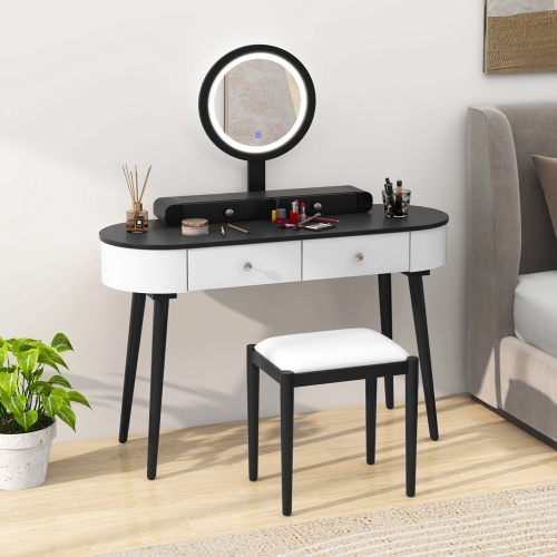 COSTWAY  Solid Wood Makeup Vanity Desk Set With Led Lighted Mirror Drawers Cushioned Stool