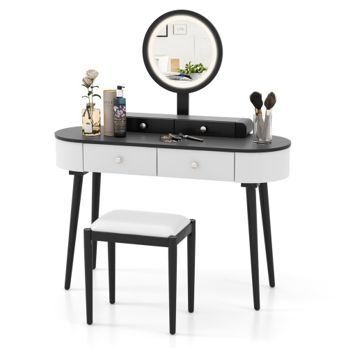 Costway Solid Wood Makeup Vanity Desk Set with LED Lighted Mirror Drawers Cushioned Stool