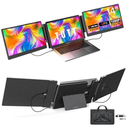 TUTT  14” Fhd Dual Portable Laptop Monitor Ips Triple Screen Extender Built-In Stand And Speakers | All Devices Compatible | S3 | Technical Support Nice packaging and high quality monitor