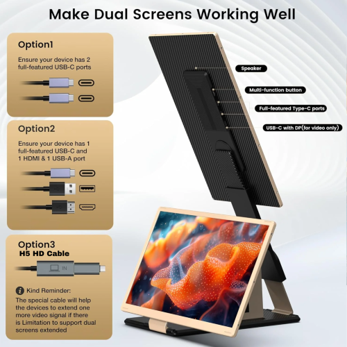 TUTT 15.6” FHD Portable Monitor – S6 Triple Screen Extender, USB-C/HDMI, 7 Viewing Modes | All Devices Compatible with Converter Cable