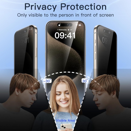 Privacy Screen Protector pour iPhone 15 Pro Max, 9H anti-espion privé verre trempé - EXPÉDITION GRATUITE
