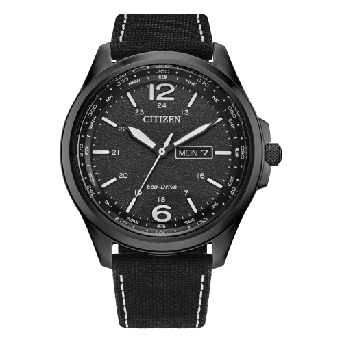 Montre pour hommes Weekender Eco-Drive 44&nbsp;mm de Citizen, boîtier inox noir, bracelet nylon noir et cadran noir