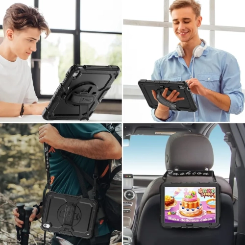 iPad 11 th, iPad 10 th Generation Case 2025 , 2022 - Shockproof Protective Case with Rotating Stand, Hand/Shoulder Strap, Pencil Holder, Touch ID