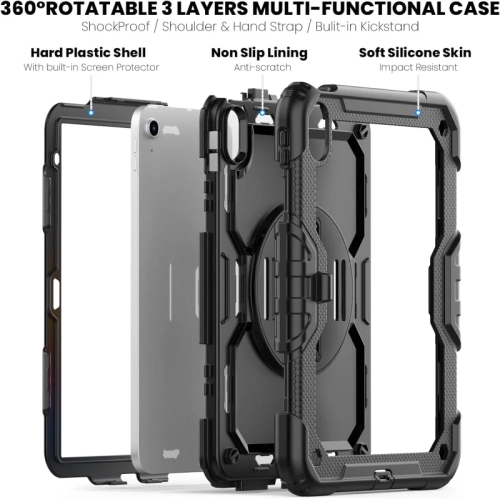iPad 11 th, iPad 10 th Generation Case 2025 , 2022 - Shockproof Protective Case with Rotating Stand, Hand/Shoulder Strap, Pencil Holder, Touch ID