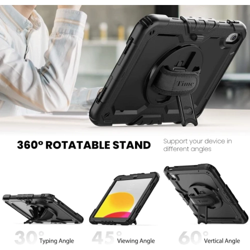 iPad 11 th, iPad 10 th Generation Case 2025 , 2022 - Shockproof Protective Case with Rotating Stand, Hand/Shoulder Strap, Pencil Holder, Touch ID