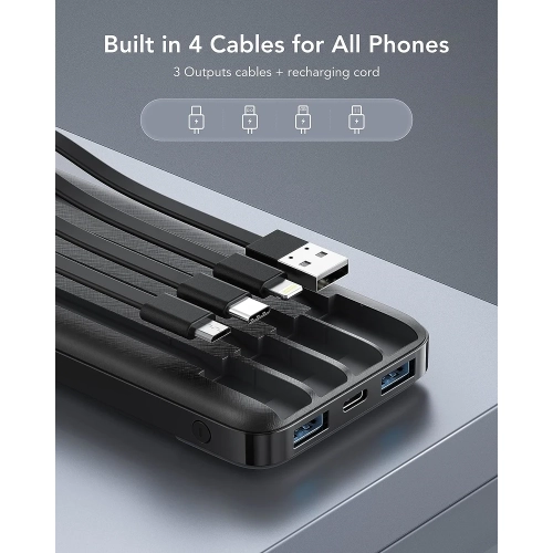 10000mAh Power Bank with Built-In Cable - USB C Battery Pack, 6 Outputs, 2 Inputs, LED Display, Portable Charger for Smartphones, Tablets, and More