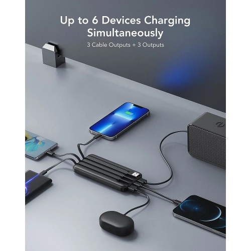 10000mAh Power Bank with Built-In Cable - USB C Battery Pack, 6 Outputs, 2 Inputs, LED Display, Portable Charger for Smartphones, Tablets, and More