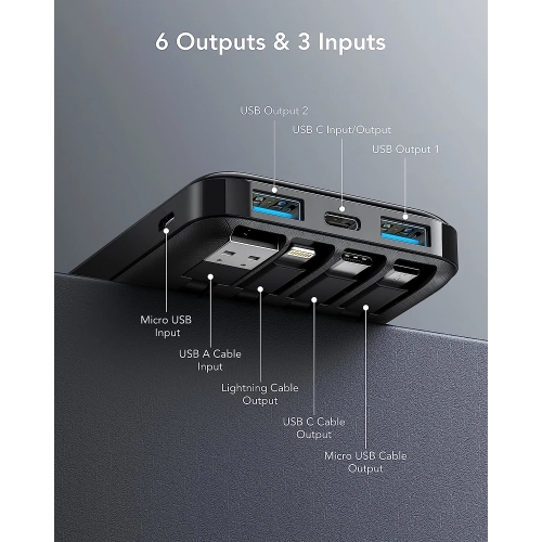 10000mAh Power Bank with Built-In Cable - USB C Battery Pack, 6 Outputs, 2 Inputs, LED Display, Portable Charger for Smartphones, Tablets, and More