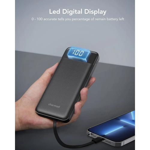 10000mAh Power Bank with Built-In Cable - USB C Battery Pack, 6 Outputs, 2 Inputs, LED Display, Portable Charger for Smartphones, Tablets, and More