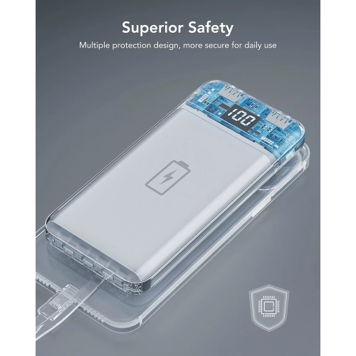 10000mAh Power Bank with Built-In Cable - USB C Battery Pack, 6 Outputs, 2 Inputs, LED Display, Portable Charger for Smartphones, Tablets, and More