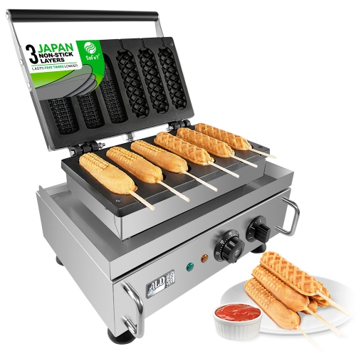 AP-528 Hot Dog Waffle Maker Commercial | Corn Dog Waffle Maker | 6 PCS | Hotdog Waffles on a Stick | Stainless Steel | 110V