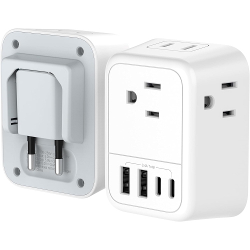 VYLEE Travel Plug Adapter, International Plug Adapter with 4 AC Outlets 4 USB Ports(2 USB C), Travel Adapter Type C Travel Essentials for US to Most