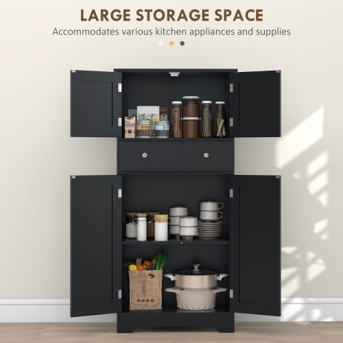 HOMCOM 50.5" Kitchen Pantry Cabinet, Modern Freestanding Buffet Storage Cabinet with 4 Doors, Drawer and Adjustable Shelf, Black