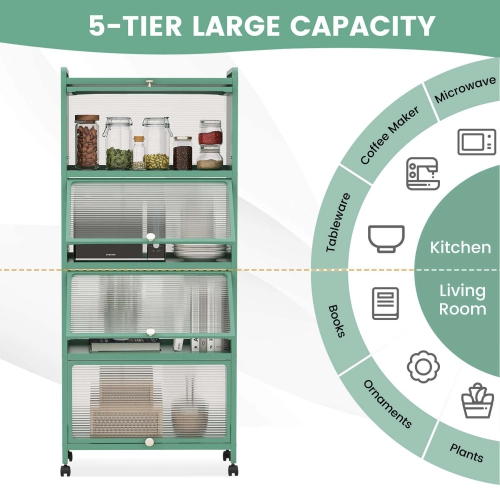 Costway 5-Tier Kitchen Baker's Rack Storage Cabinet Mobile Microwave Stand Flip-up Doors