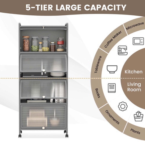 Costway 5-Tier Kitchen Baker's Rack Storage Cabinet Mobile Microwave Stand Flip-up Doors