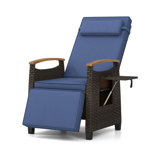 Image 1 de 9.. Fauteuil de patio inclinable en osier avec repose-pieds rabattable et dossier réglable de Costway 1 pièces, bleu marine