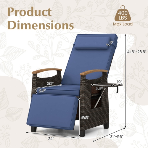 Costway 1 PCS Patio Wicker Recliner Chair with Adjustable Backrest Footrest Flip Side Table Navy