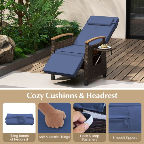 Costway 1 PCS Patio Wicker Recliner Chair with Adjustable Backrest Footrest Flip Side Table Navy