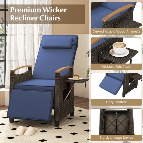 Costway 1 PCS Patio Wicker Recliner Chair with Adjustable Backrest Footrest Flip Side Table Navy