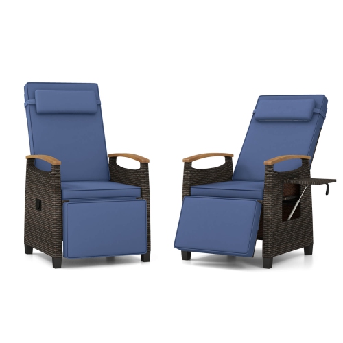 Image 1 de 9.. Fauteuil de patio inclinable en osier avec repose-pieds rabattable et dossier réglable de Costway 2 pièces, bleu marine