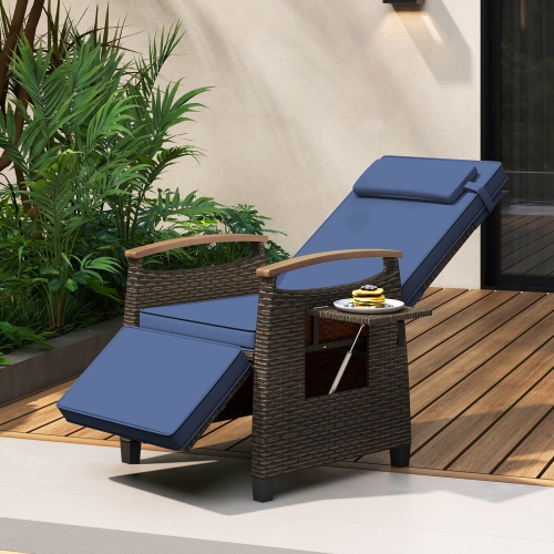 Fauteuil de patio inclinable en osier avec repose-pieds rabattable et dossier réglable de Costway 2 pièces, bleu marine