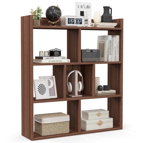 Costway 1 PCS 7-cube Bookcase Open Storage Shelf with Anti-tipping Kits for Living Room Walnut