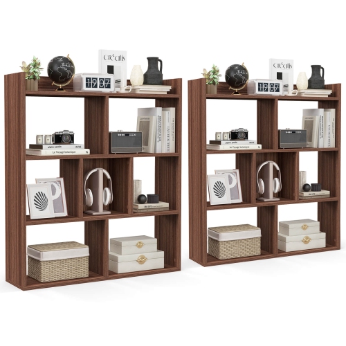 Costway 2 PCS 7-cube Bookcase Open Storage Shelf with Anti-tipping Kits for Living Room Walnut