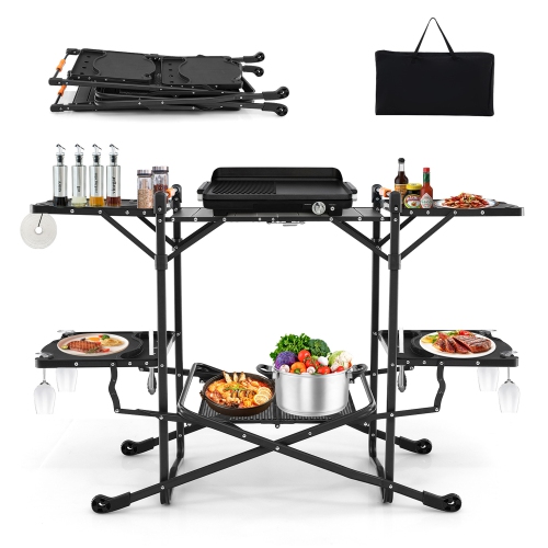 Gymax Camping Kitchen Table Folding Portable Outdoor Cook Station w/ 4 Side Tables