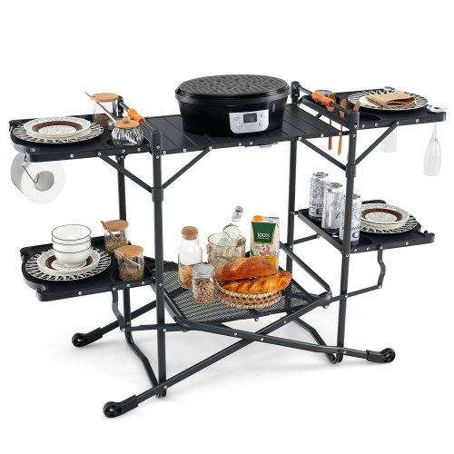 Gymax Camping Kitchen Table Folding Portable Outdoor Cook Station w/ 4 Side Tables