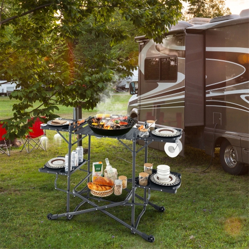 Gymax Camping Kitchen Table Folding Portable Outdoor Cook Station w/ 4 Side Tables