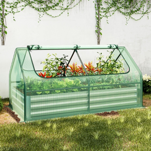 Gymax Galvanized Steel Raised Garden Bed Metal Planter Box Kit w/ Mini Greenhouse Cover