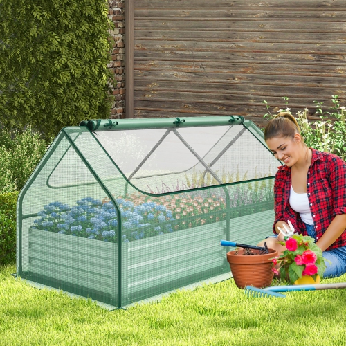 Gymax Galvanized Steel Raised Garden Bed Metal Planter Box Kit w/ Mini Greenhouse Cover
