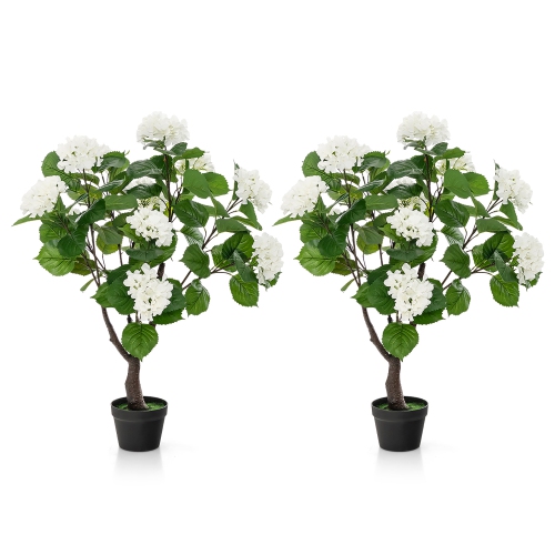 GYMAX  2 Pack Artificial Hydrangea Tree Fake Floral Plant W/ 11 Flowers In White