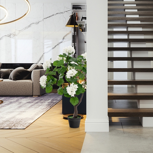 Gymax 2 Pack Artificial Hydrangea Tree Fake Floral Plant w/ 11 White Flowers