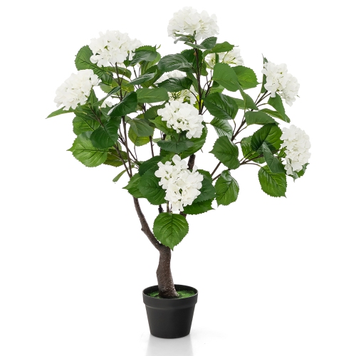 Gymax 2 Pack Artificial Hydrangea Tree Fake Floral Plant w/ 11 White Flowers