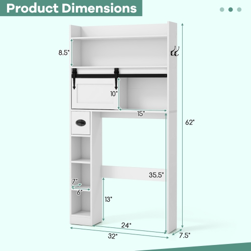 Gymax Over The Toilet Storage Cabinet w/ Sliding Barn Door Adjustable Shelves 2 Hooks
