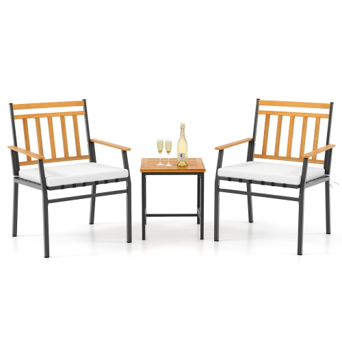 GYMAX  3 PCs Acacia Wood Bistro Set Patio Conversation Set W/ Cushions And Coffee Table