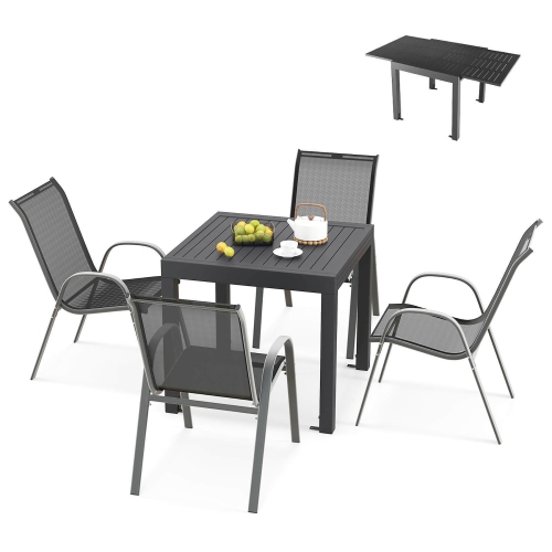GYMAX  5 PCs Outdoor Dining Table Set W/ Extendable Aluminum Table & 4 Stackable Chairs