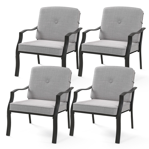 GYMAX  4PCs Metal Chairs Outdoor Dining Seat Heavy Duty W/ Cushions Garden Patio In Gray