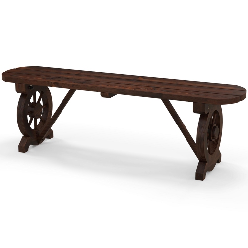 Gymax Rustic Wood Bench w/ Wagon Wheel Base Slatted Seat Design 710 LBS Max Load Patio